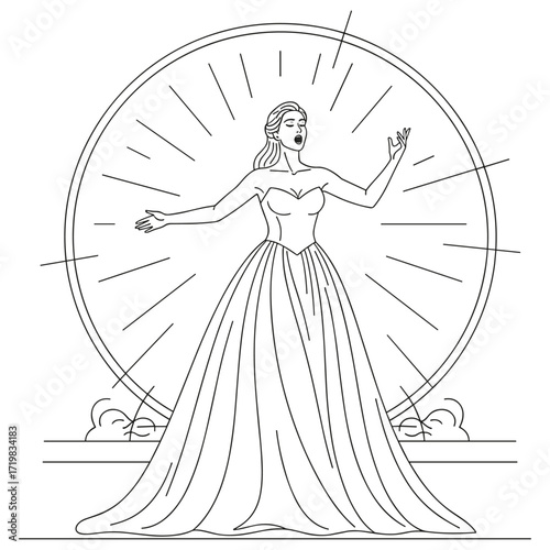 Opera singer in line art style in black and white