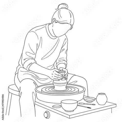 Potter at wheel in minimalist line art in black and white