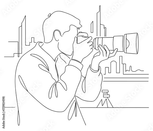 Photographer against cityscape background in line art style