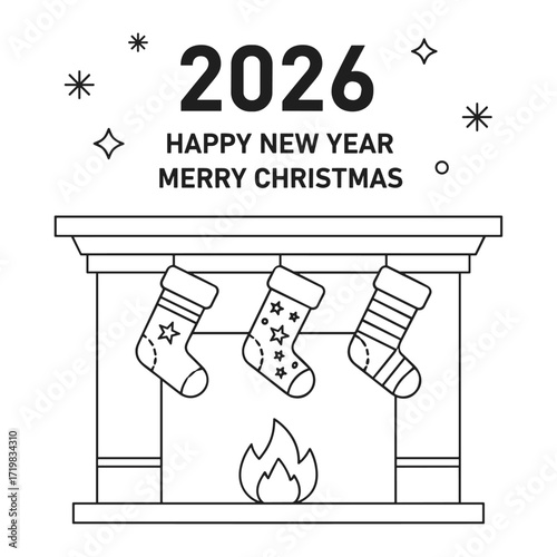 Christmas fireplace with stockings line-art in black and white