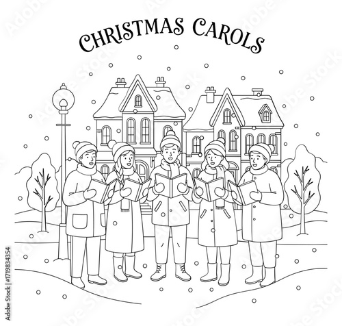 Christmas carolers singing against snowy village background