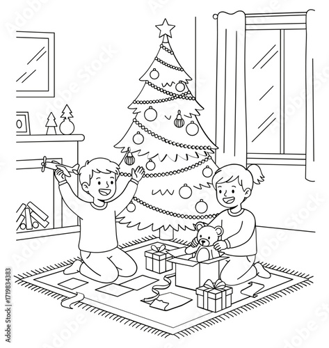 Children opening presents against decorated tree