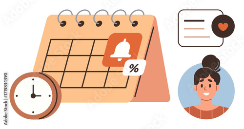 Desk calendar marked with notifications and percentage, analog clock, speech bubble with heart, and a womans profile. Ideal for productivity, scheduling, reminders, time tracking, planning