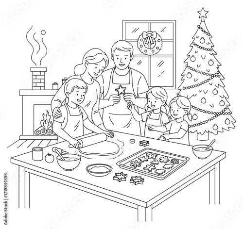Family baking cookies against festive home background