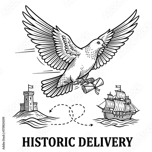 Carrier pigeon in flight against coastal castle and ship background, Historic Delivery Concept