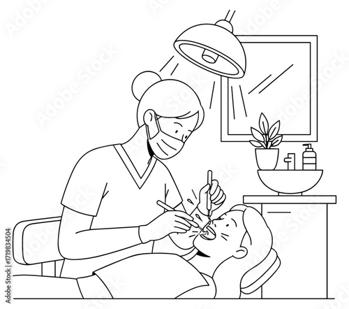 Dentist examining patient line drawing in black and white