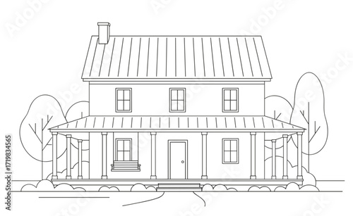 Farmhouse with porch line drawing in black and white