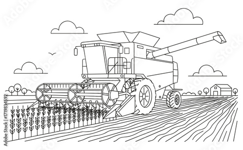 Combine harvester in field line drawing in black and white
