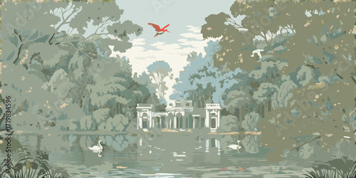 Tranquil park landscape with a classical pavilion on a lake and birds flying
