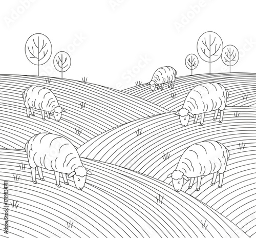 Sheep grazing against rolling hills