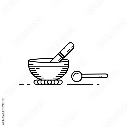 Mortar and pestle in minimalist design with line art style  