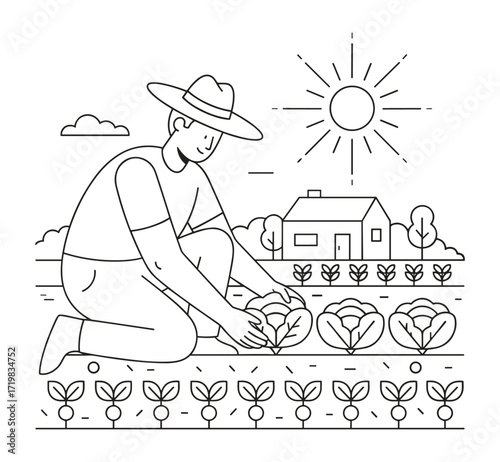 Farmer tending garden against rural house