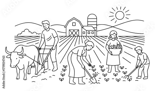 Family working on farm against sunny fields