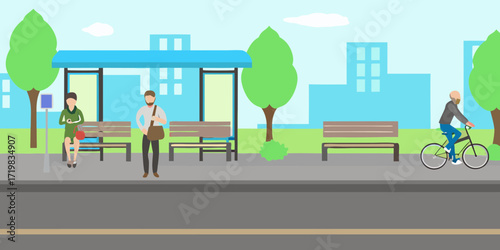 People waiting at a bus stop and a man riding a bicycle in a city park with buildings in the background