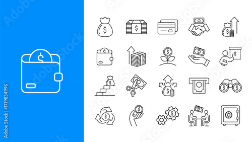 20 finance line icons. Money management, savings, income, expenses, investment, banking, and financial growth. Editable stroke. Vector illustration.