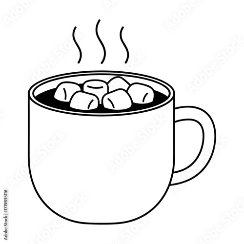 Hot chocolate mug with marshmallows in line art in black and white