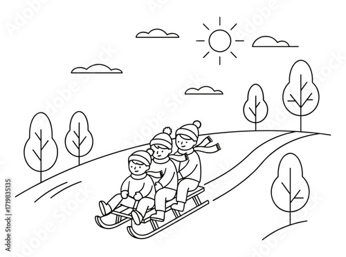 Kids sledding against snowy hillside