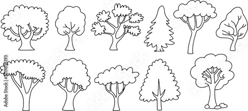 Diverse cartoon trees with branching trunks and leafy canopies illustration nature