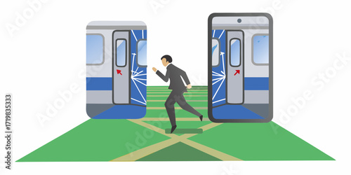 Businessman running between two open train doors on a platform symbolizing choice and opportunity