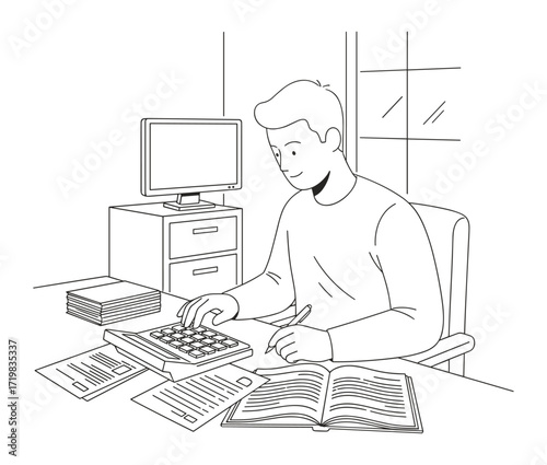 Man working at desk with calculator against office background