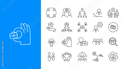 Human Resources icon set. Recruitment, teamwork, management, business people, interview, career, job search, leadership, employee support. Editable stroke. Vector illustration.