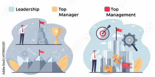Business leadership and top management concepts illustrated with icons and symbols representing goals and achievements