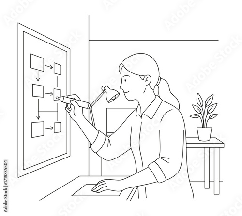 Woman drawing flowchart against white background