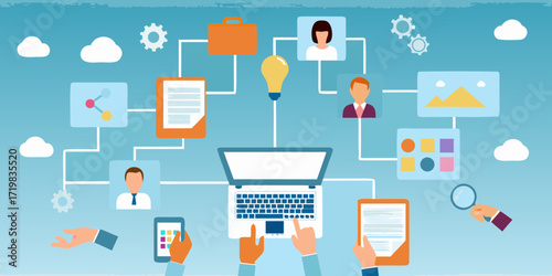 Business workflow and collaboration concept with connected icons and hands interacting with devices