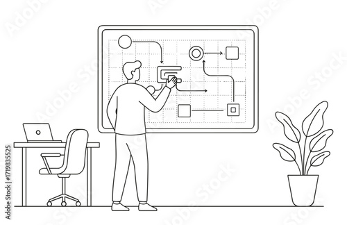 Workflow chart presentation in line art in black and white