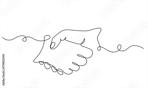 Continuous one line drawing of handshake.  Partnership. Meeting, teamwork and shaking hands for agreement, consulting or introduction with trust. Hand drawn one line vector. Editable stroke.	