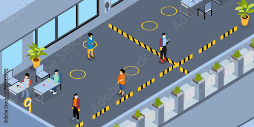 People maintaining social distancing in an office environment with safety markers and face masks