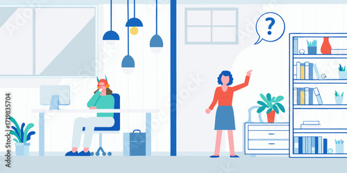 Two women in an office setting one working at a computer and the other looking confused with a question mark above her head