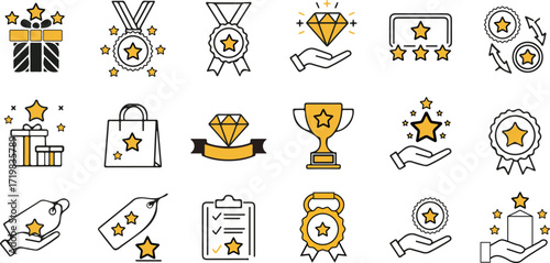 Star benefit Icons. Premium reward quality vouchers, loyalty program membership cards, prize winning symbols, discount coupons flat vector collection.eps