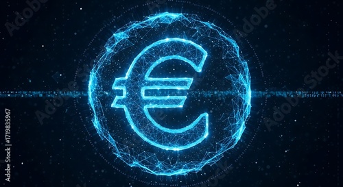 Dynamic glowing euro symbol in futuristic digital network, representing global finance and technology innovation