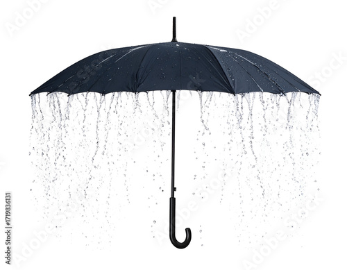 A black umbrella with cascading water droplets creating a dramatic visual effect against a dark background.