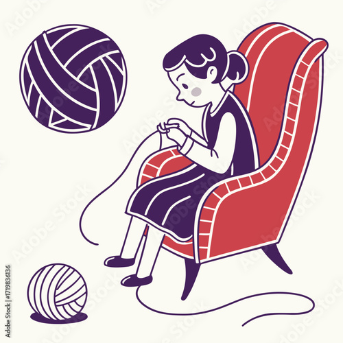 Woman Knitting in a Chair with Yarn Balls ball of yarn