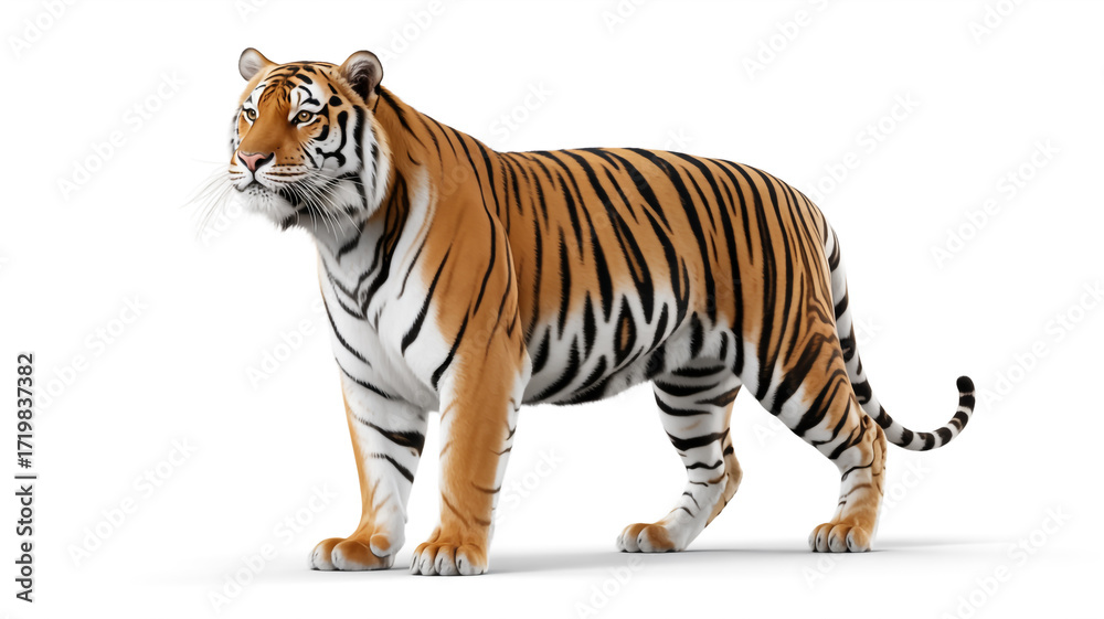 Obraz premium Majestic bengal tiger standing gracefully isolated on white background, showcasing its striking orange and black stripes, embodying power and elegance in wildlife