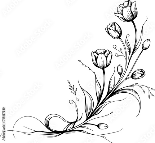 Elegant black and white floral arrangement with blooming tulips and delicate vines