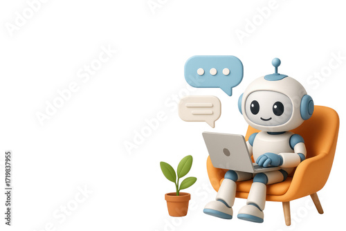 Cute robot sitting in an orange chair using a laptop with chat bubbles cartoon character isolated on a transparent background