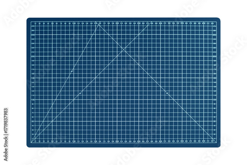 Blue A3 cutting mat with white measurement grid is isolated.