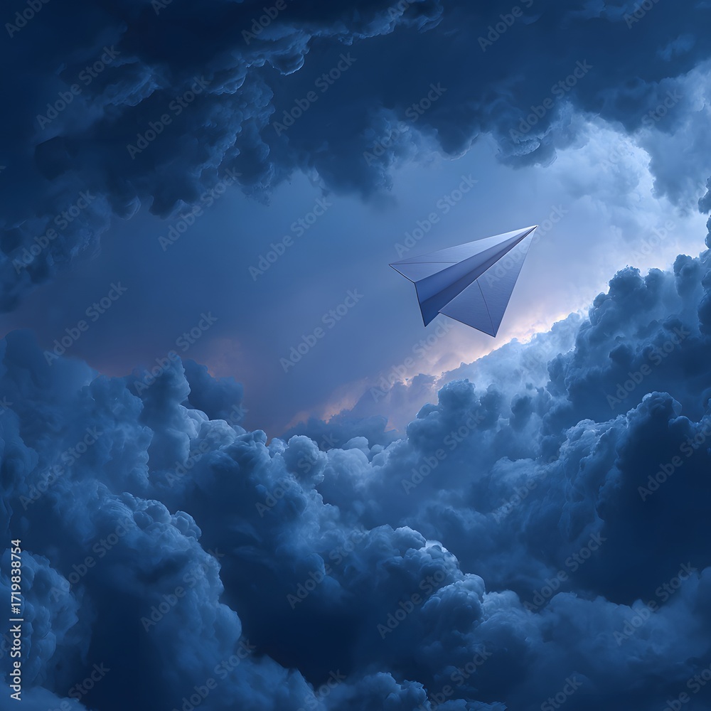 Fototapeta premium Paper airplane flying through dramatic storm clouds into light