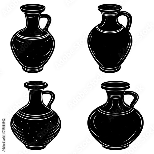 Collection of four black and white antique style vases with handles and decorative elements design art