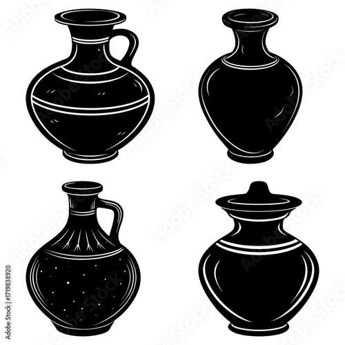 Illustration of four black vases with different shapes and designs on a white background in a simple style