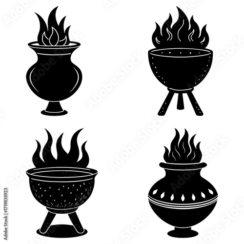 Four black and white illustrations of vessels with flames emanating from the top of each container
