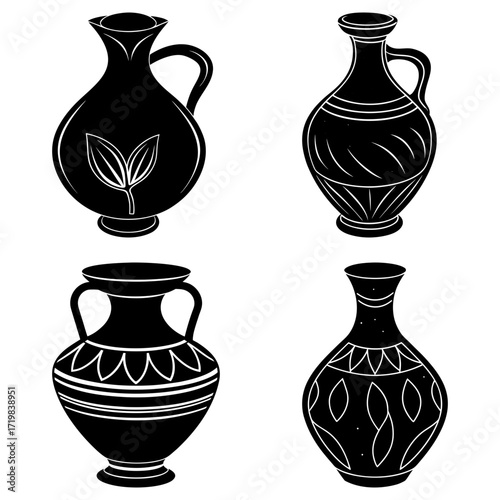 Collection of four black and white silhouette vases with decorative patterns and handles on a white background