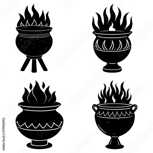Illustration of four different cauldrons and urns with flames in black and white vector format
