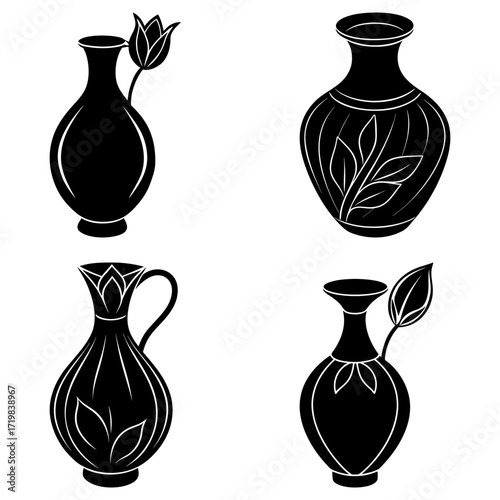 Collection of four black vases with different shapes and floral designs on a white background image art