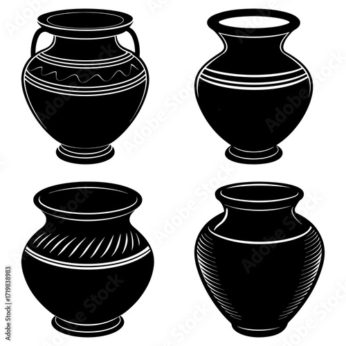 Illustration showing four different black and white vases with unique designs and shapes on a white background