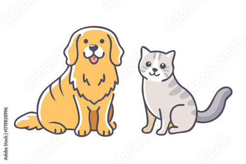 British cat and Golden Retriever .Portrait of dogs sitting against white background .icon
