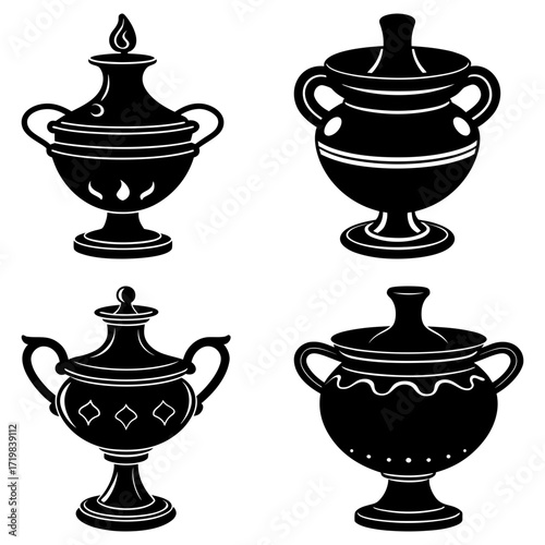 Illustration of four decorative urns with handles and lids in black and white silhouette style design